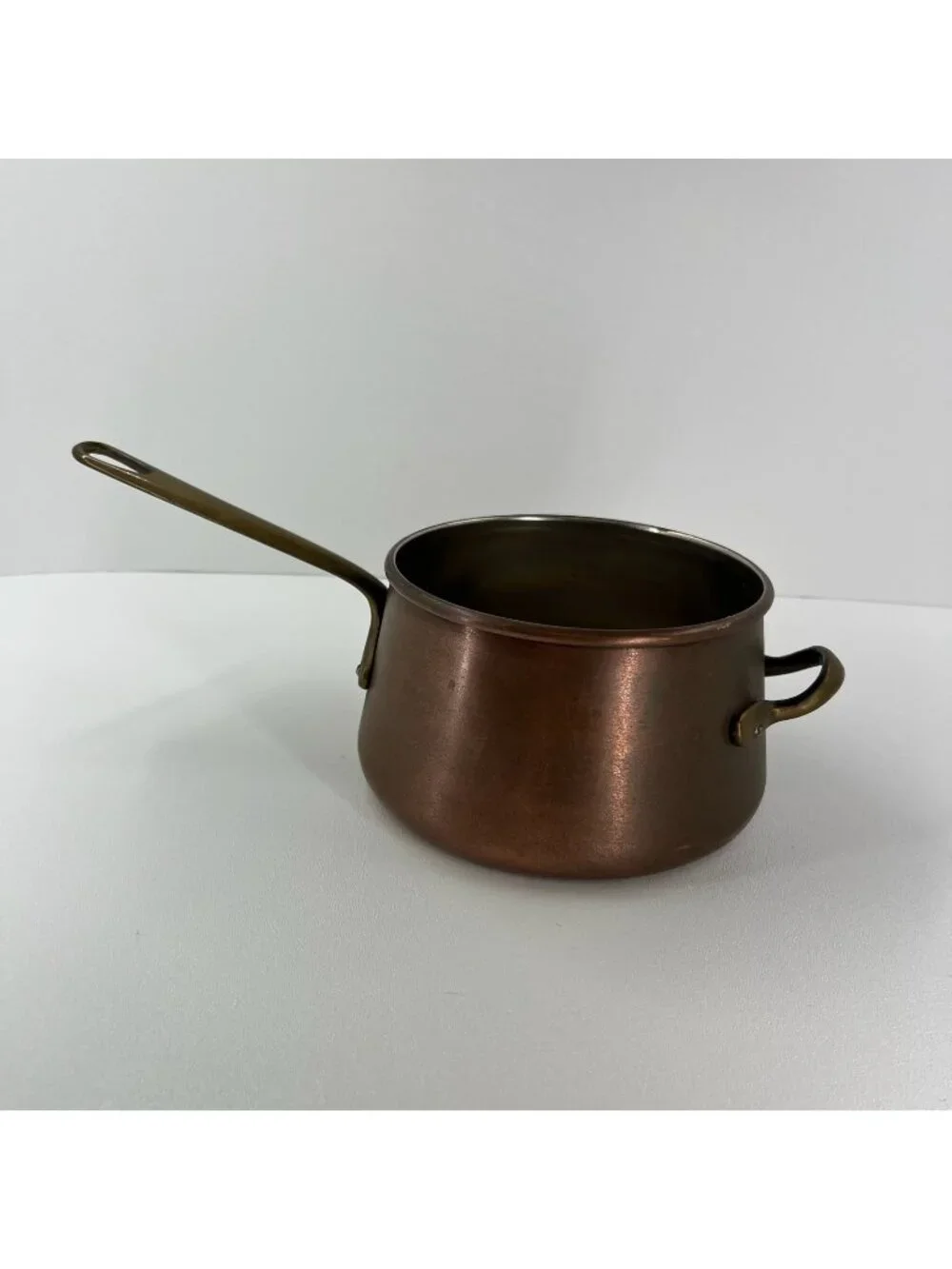 Vintage Solid Copper Saucepan Tin Lined Brass Long & Helper Handle Pot